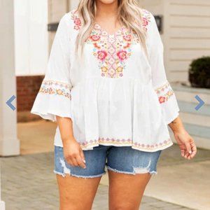 1X Chic Soul White Honest Truth Top with Colorful Embroidery 3/4 Sleeve Blouse